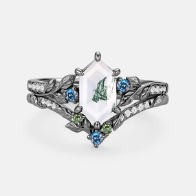 Contemporary Design Ornate Design Moss Agate Elongated Hexagon Engagement Ring Set 2pcs - Azure