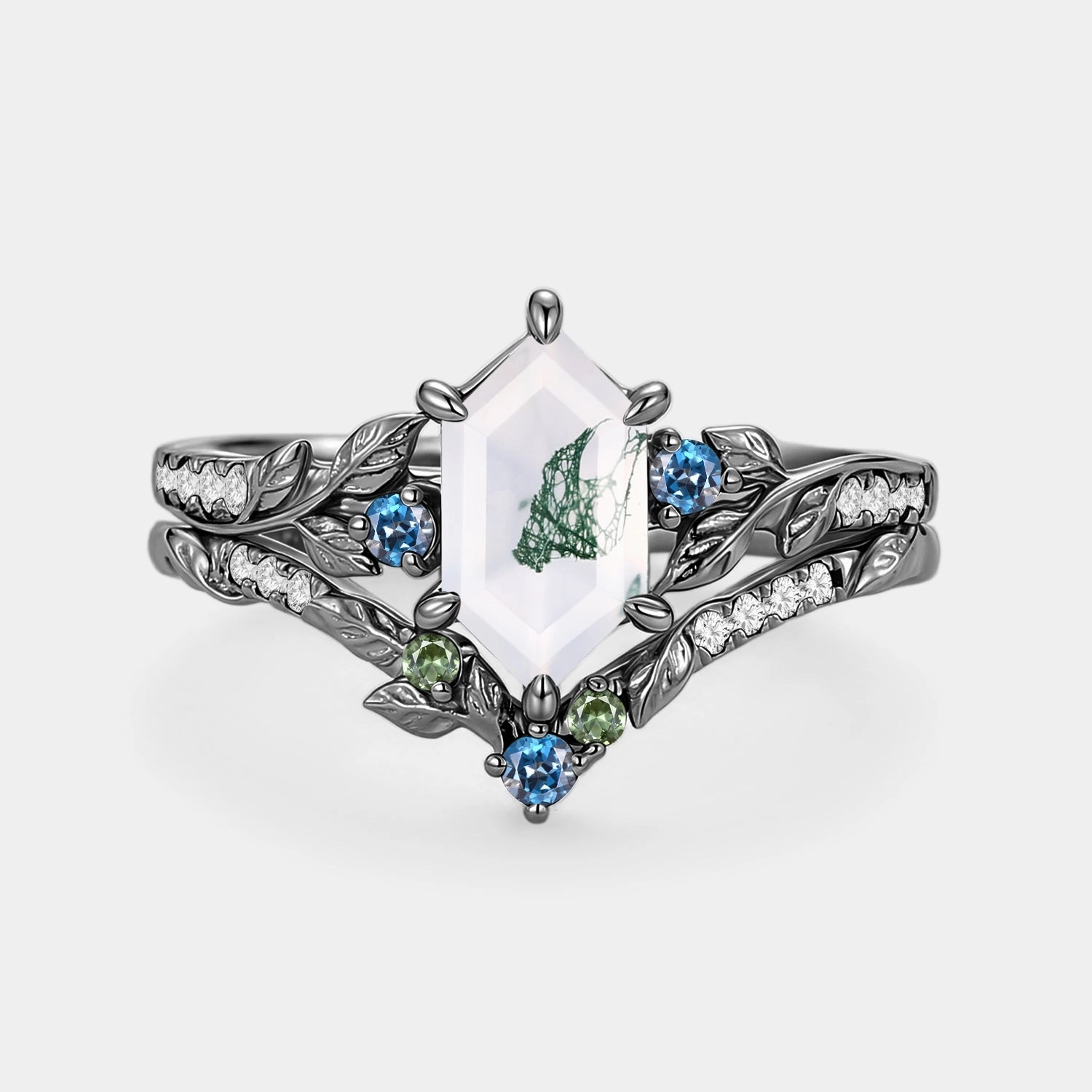 Contemporary Design Ornate Design Moss Agate Elongated Hexagon Engagement Ring Set 2pcs - Azure