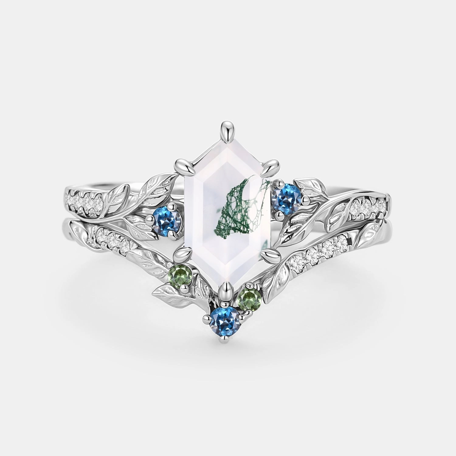 Moss Agate Elongated Hexagon Engagement Ring Set 2pcs - Azure Timeless Sparkle Delicate Form