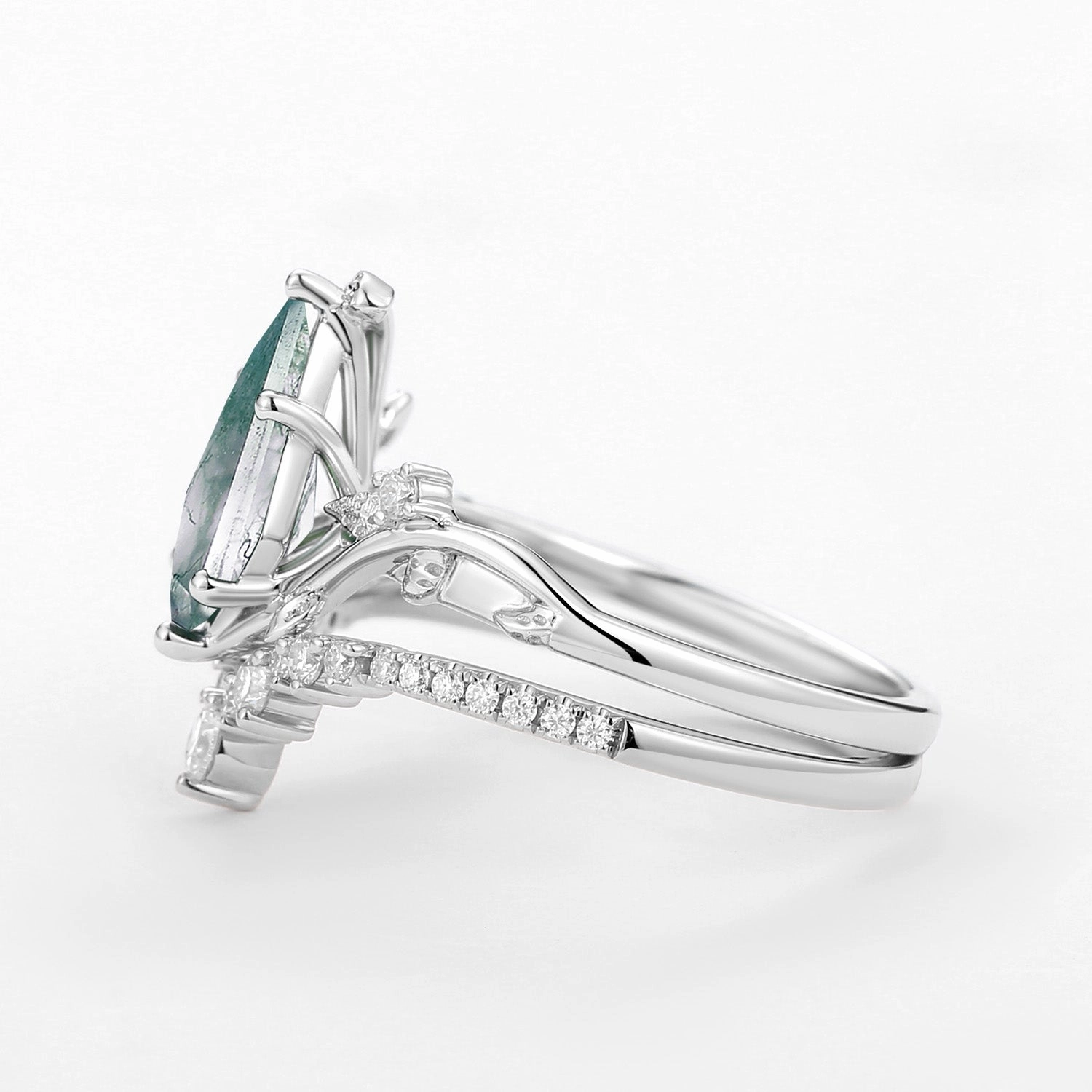 Subtle Grace Moss Agate Leafy Kite Cut White Gold Cluster Engagement Ring Sets 2pcs