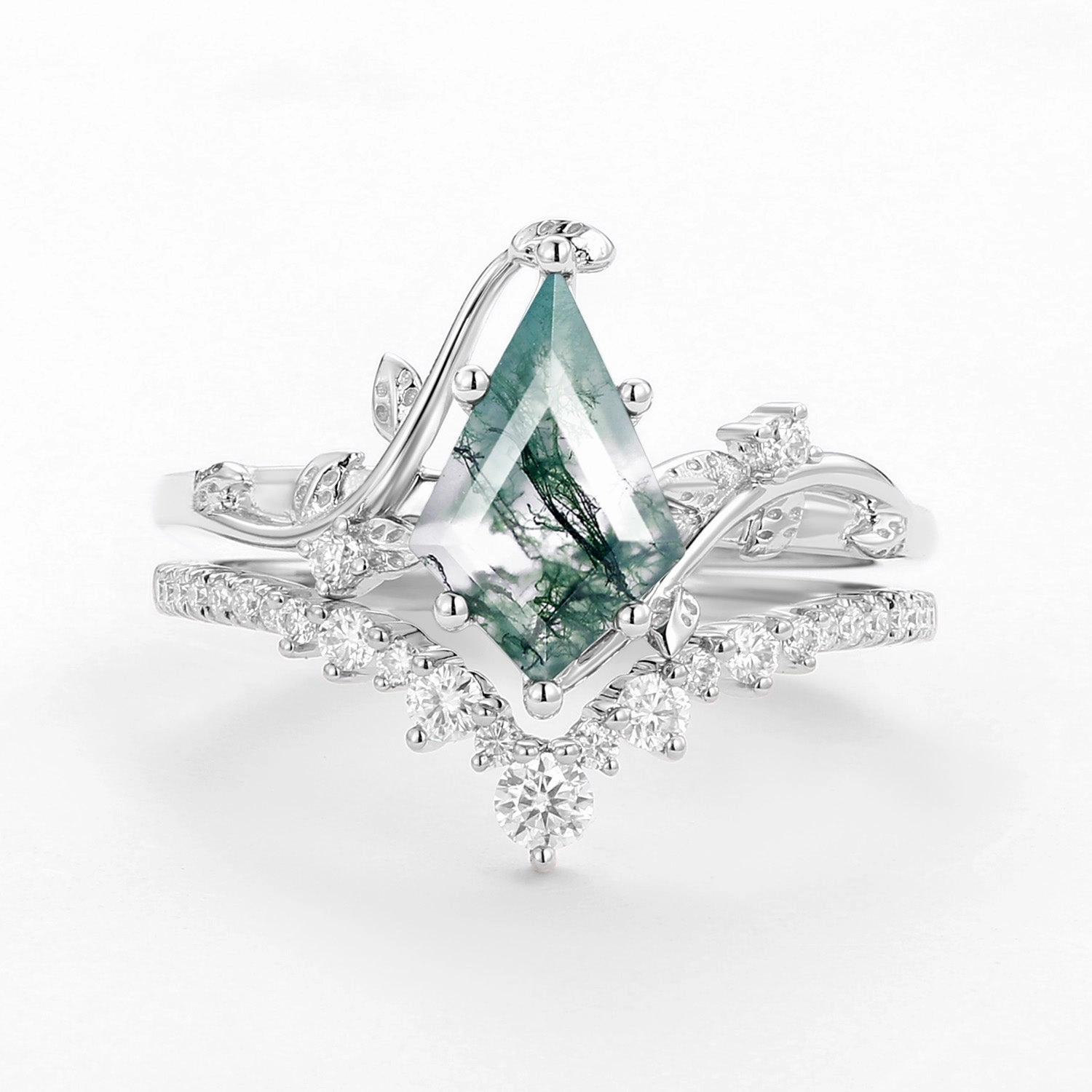 Lustrous Feature Moss Agate Leafy Kite Cut White Gold Cluster Engagement Ring Sets 2pcs