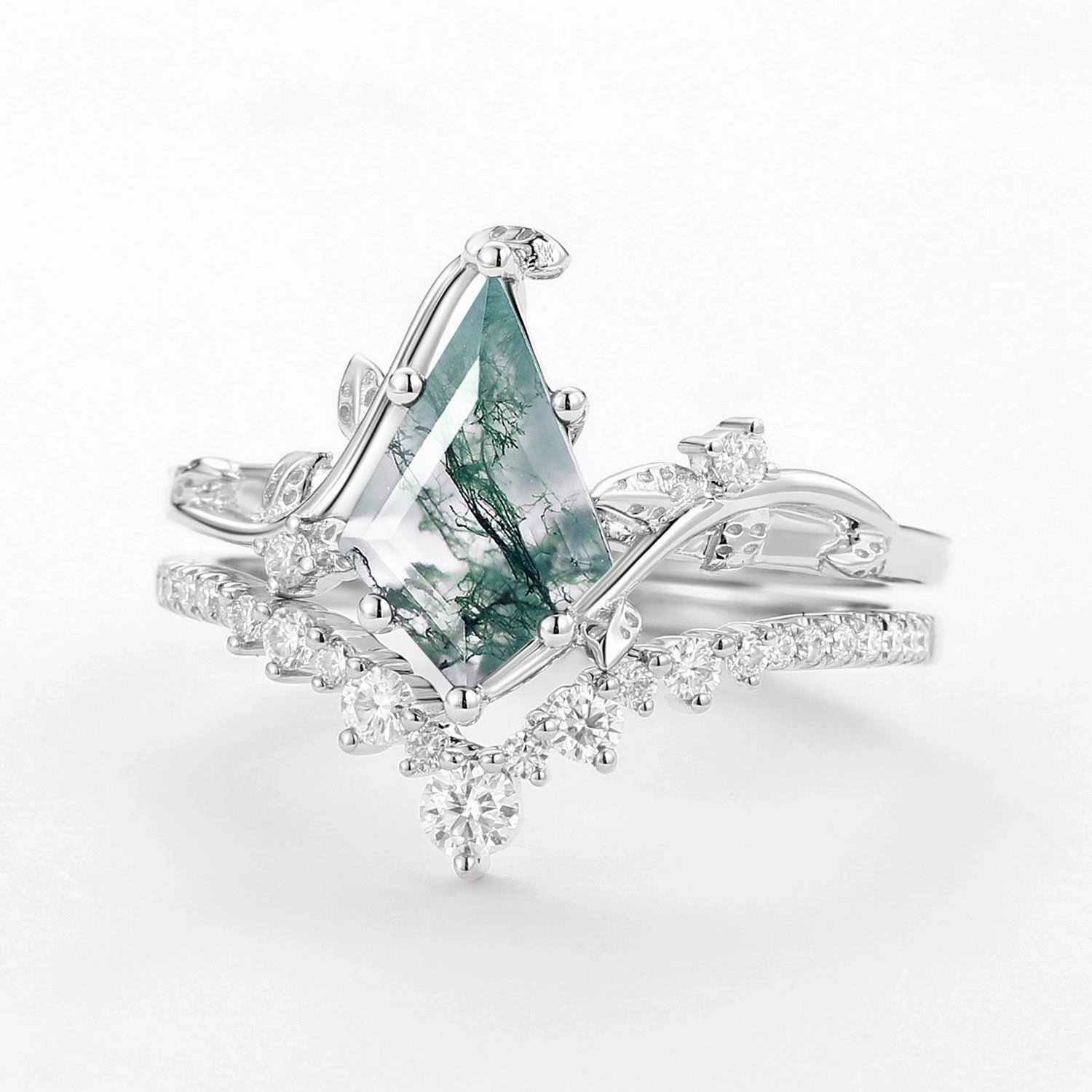 Smooth Curve Subtle Grace Moss Agate Leafy Kite Cut White Gold Cluster Engagement Ring Sets 2pcs