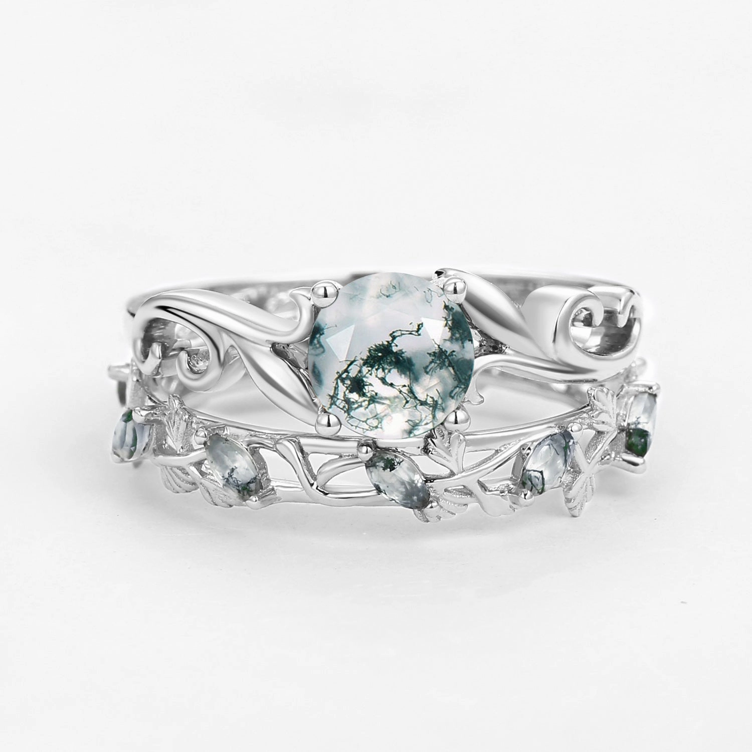 Vibrant Jewelry Look Bold Pieces Design Moss Agate Round Shaped Leafy Marquise Engagement Ring Sets
