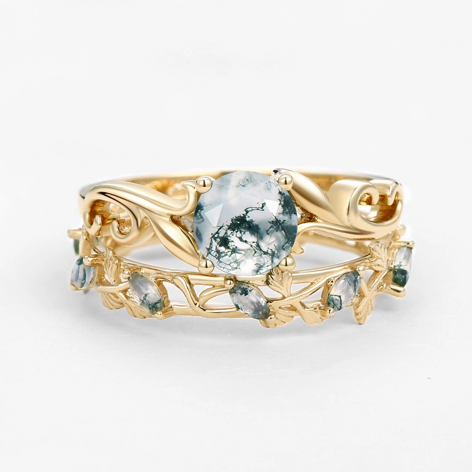 Moss Agate Round Shaped Leafy Marquise Engagement Ring Sets Edgy Mood Gentle Spark