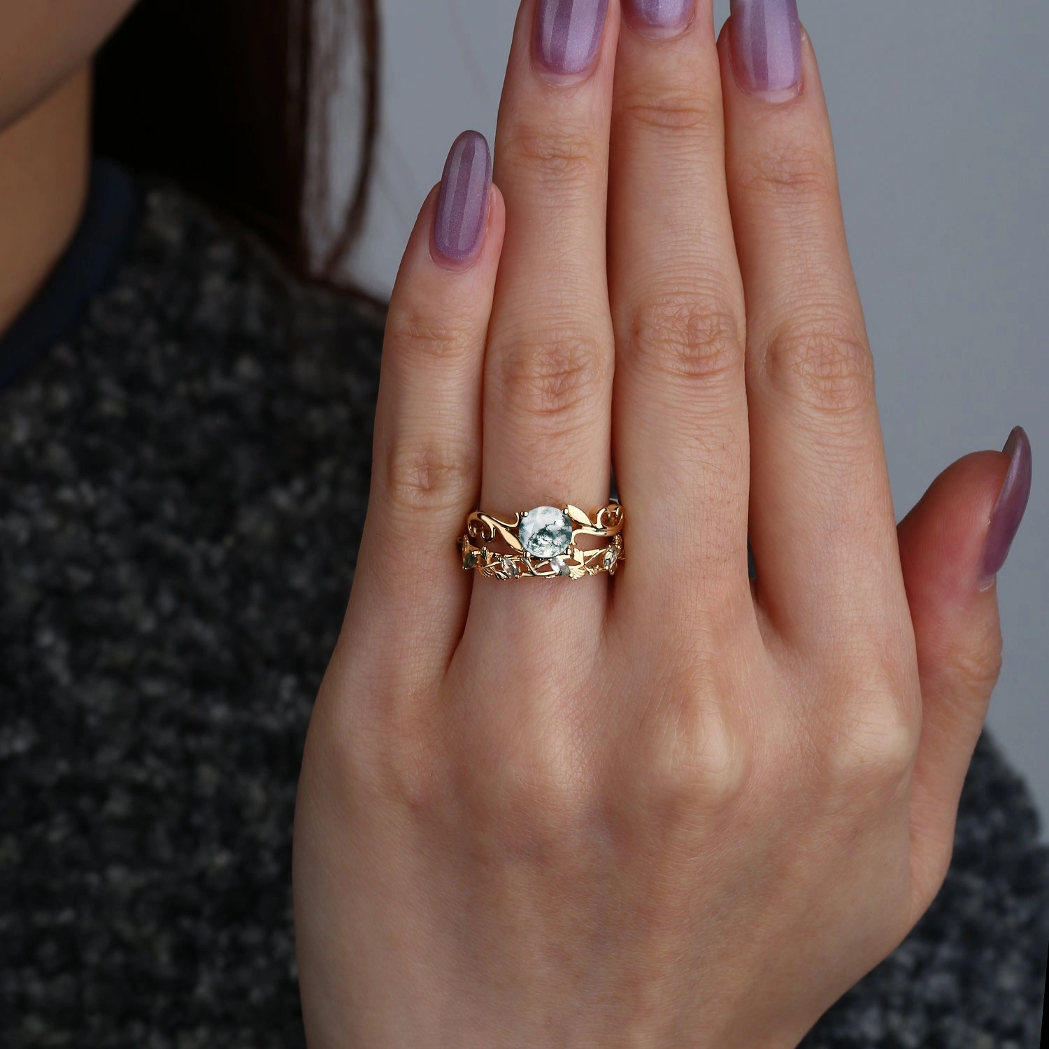 Moss Agate Round Shaped Leafy Marquise Engagement Ring Sets Boho Charm