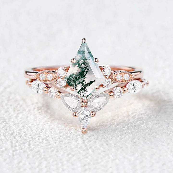 Everyday Glow Moss Agate White Gold Engagement Ring Set 2pcs