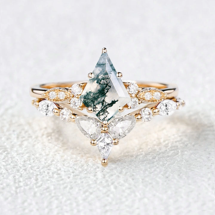 Silver Edge Moss Agate White Gold Engagement Ring Set 2pcs