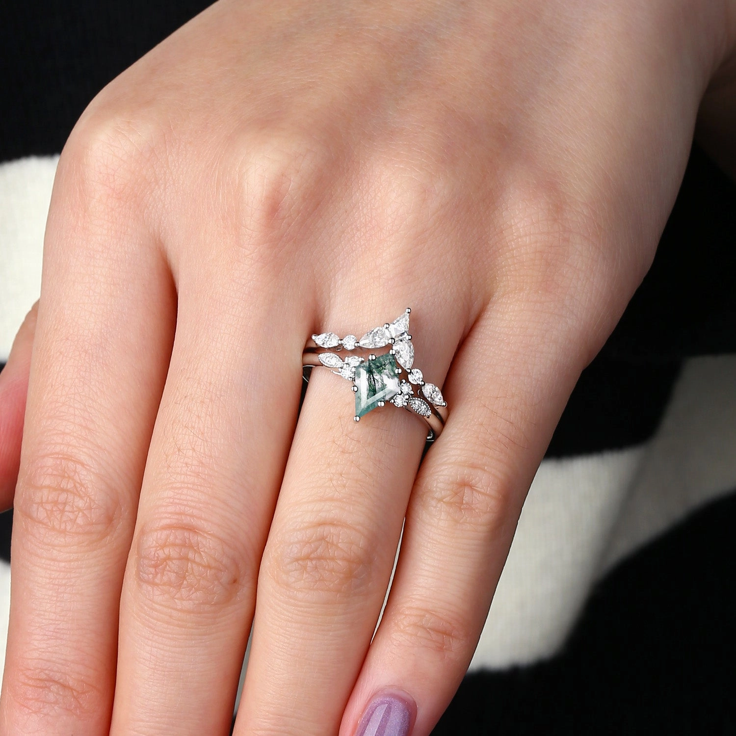 Moss Agate White Gold Engagement Ring Set 2pcs Casual Accent Sleek Detailing