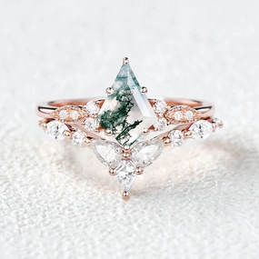 Everyday Glow Moss Agate White Gold Engagement Ring Set 2pcs