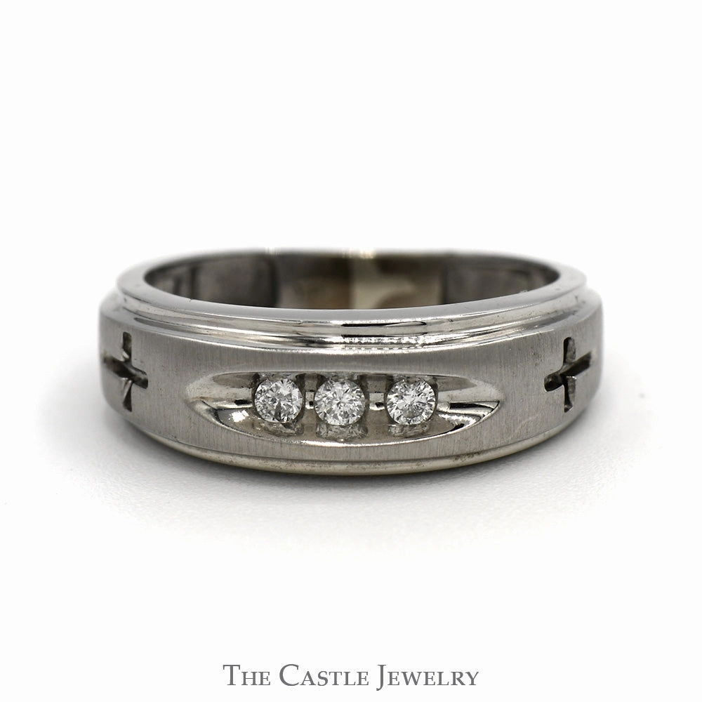 Neutral Mood Nick Set Three Stone Diamond Band with Etched Cross Sides in 10k White Gold