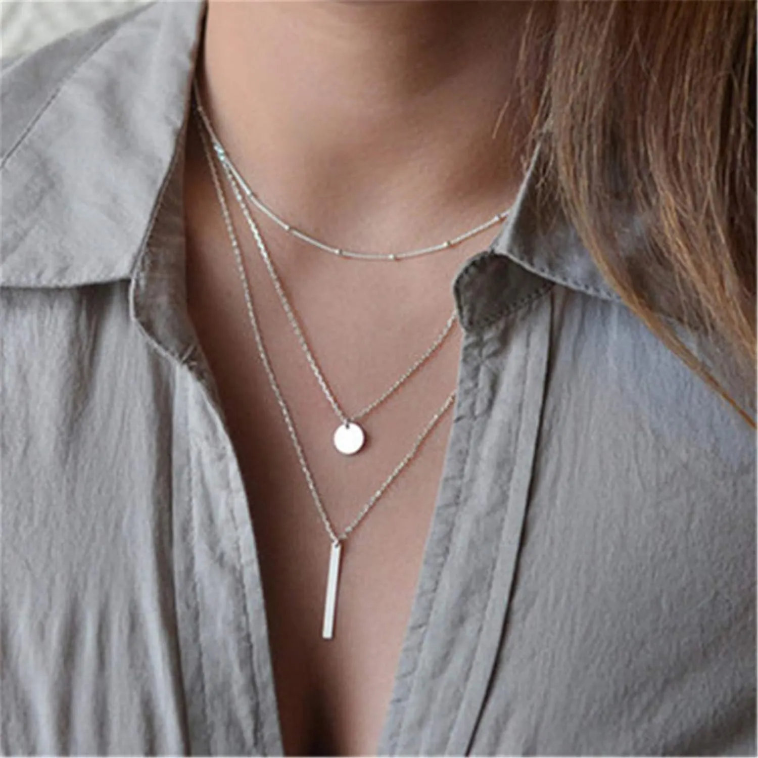 Multi Layered Choker for Women Teen GirlsLayering Necklace Boho Long Necklace Fashion Jewelry (Sliver, One Size)