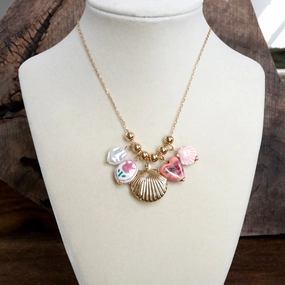 Caring Accent Brushed Item Multi-Charm Chinoiserie & Shell Locket Necklace ?C Pink & Gold