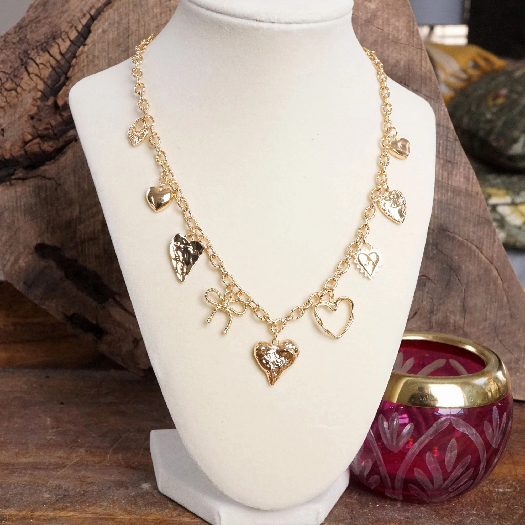 Luxury Ornament Multi-Charm Heart Necklace ?C Gold Tone