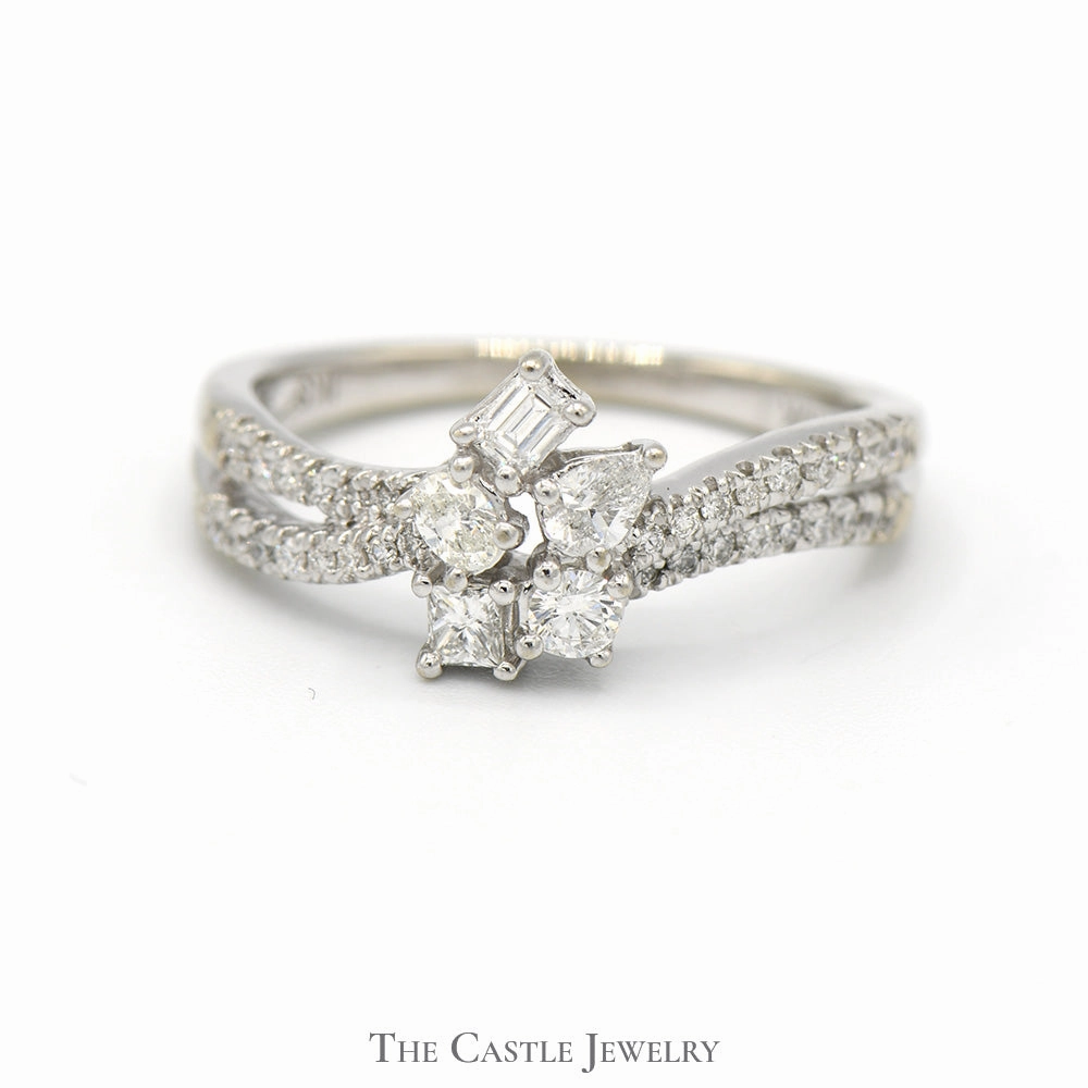 Superior Style Lightweight Touch Multi Cut Diamond Cluster Ring with Diamond Accented Split Shank in 10k White Gold