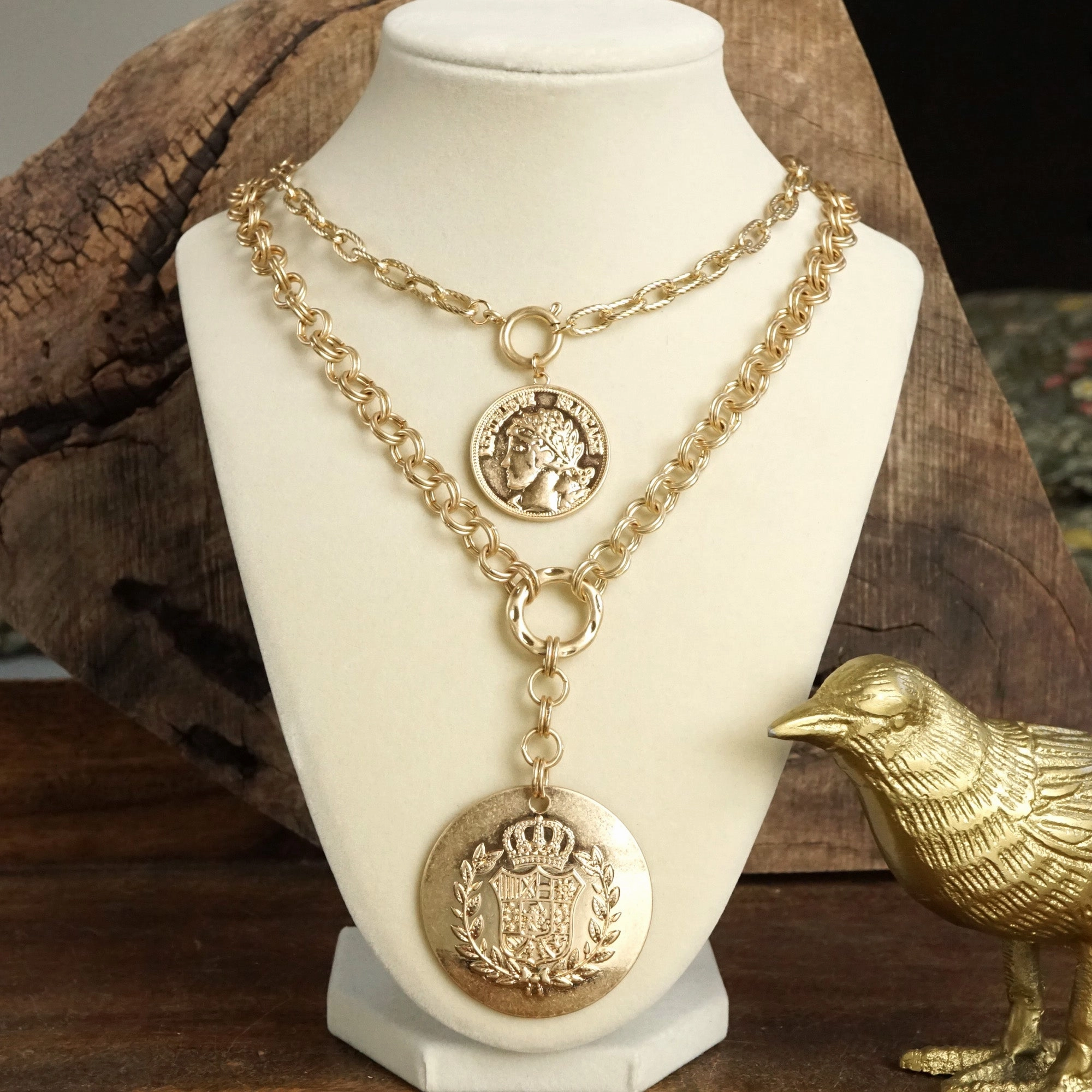 Urban Present Gift For Her Multi-Layer 2-in-1 Coin Lariat Statement Necklace ?C Worn Gold