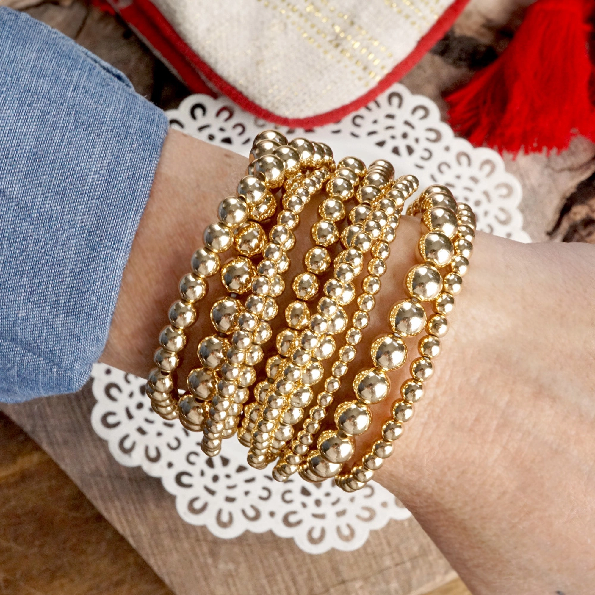 Meditation aid Multi size ball beaded bracelet 10 stack gold tone bracelets