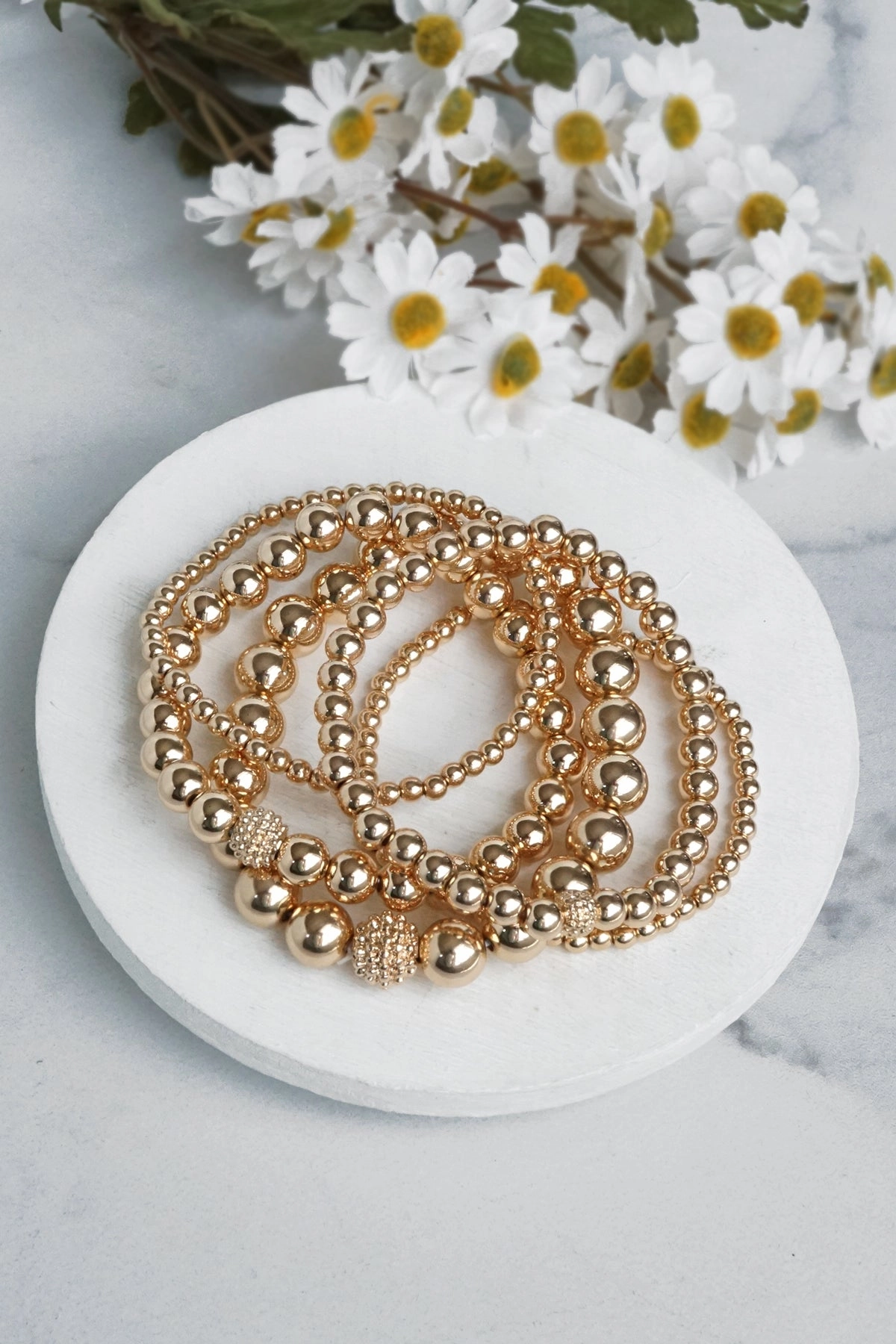 Yoga Companion Multi size ball beaded bracelet stack Gold tone bracelet set