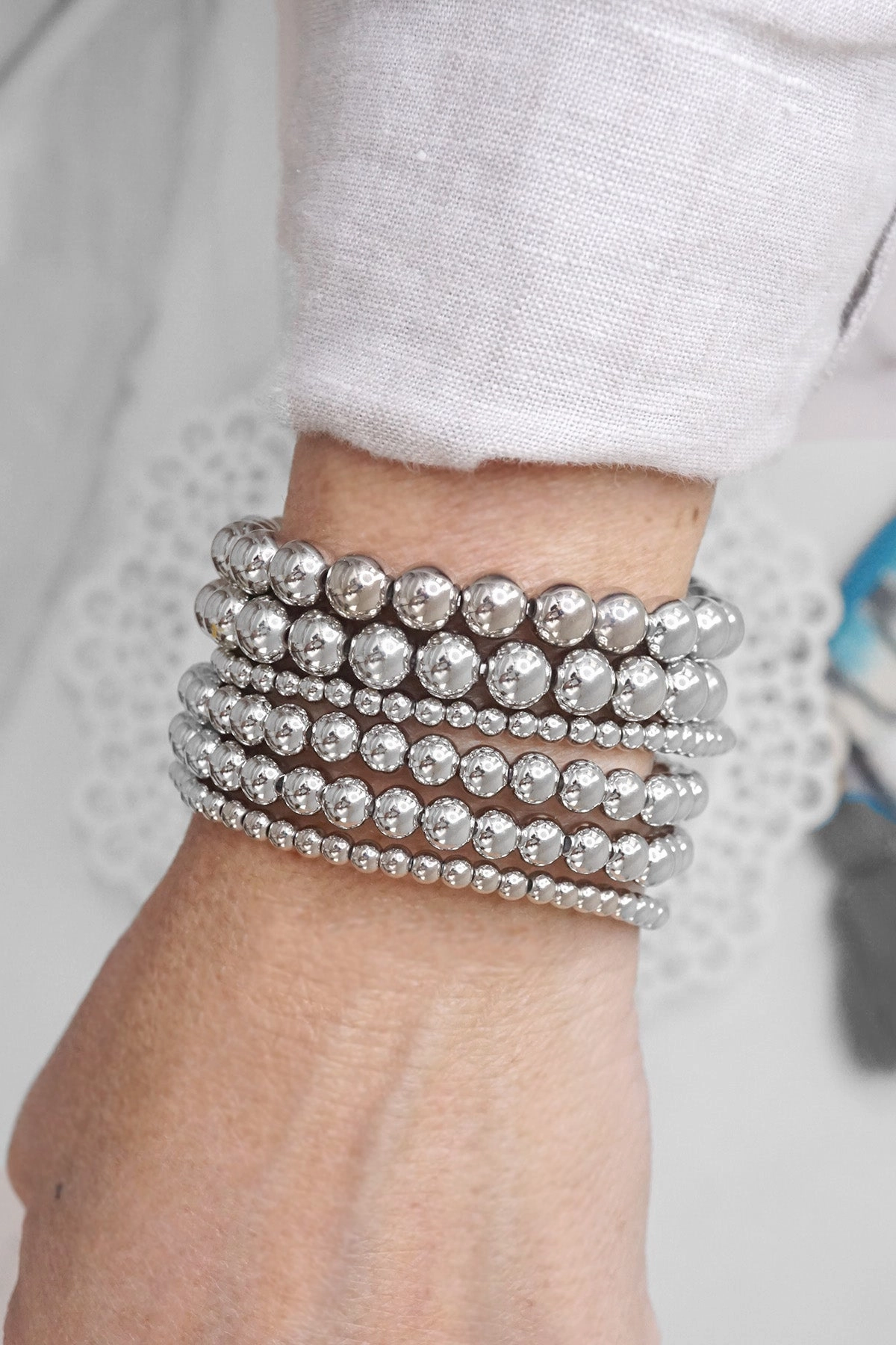 Memorable Trip Forever In Vogue Multi size ball beaded bracelet stack silver tone bracelets