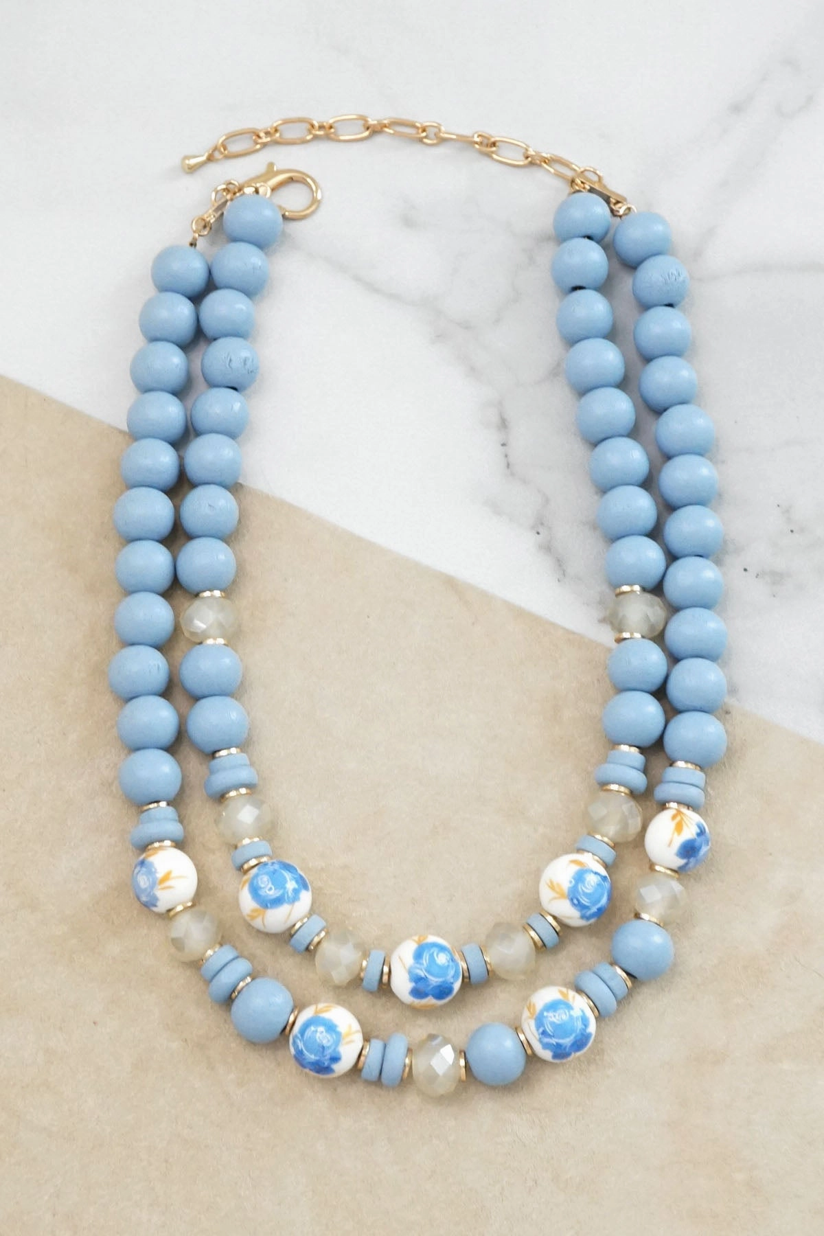 Multi Strand Spring Wood and Chinoiserie Beads Short Necklace in Blue and Gold Vacation Gift Stunning Adornment