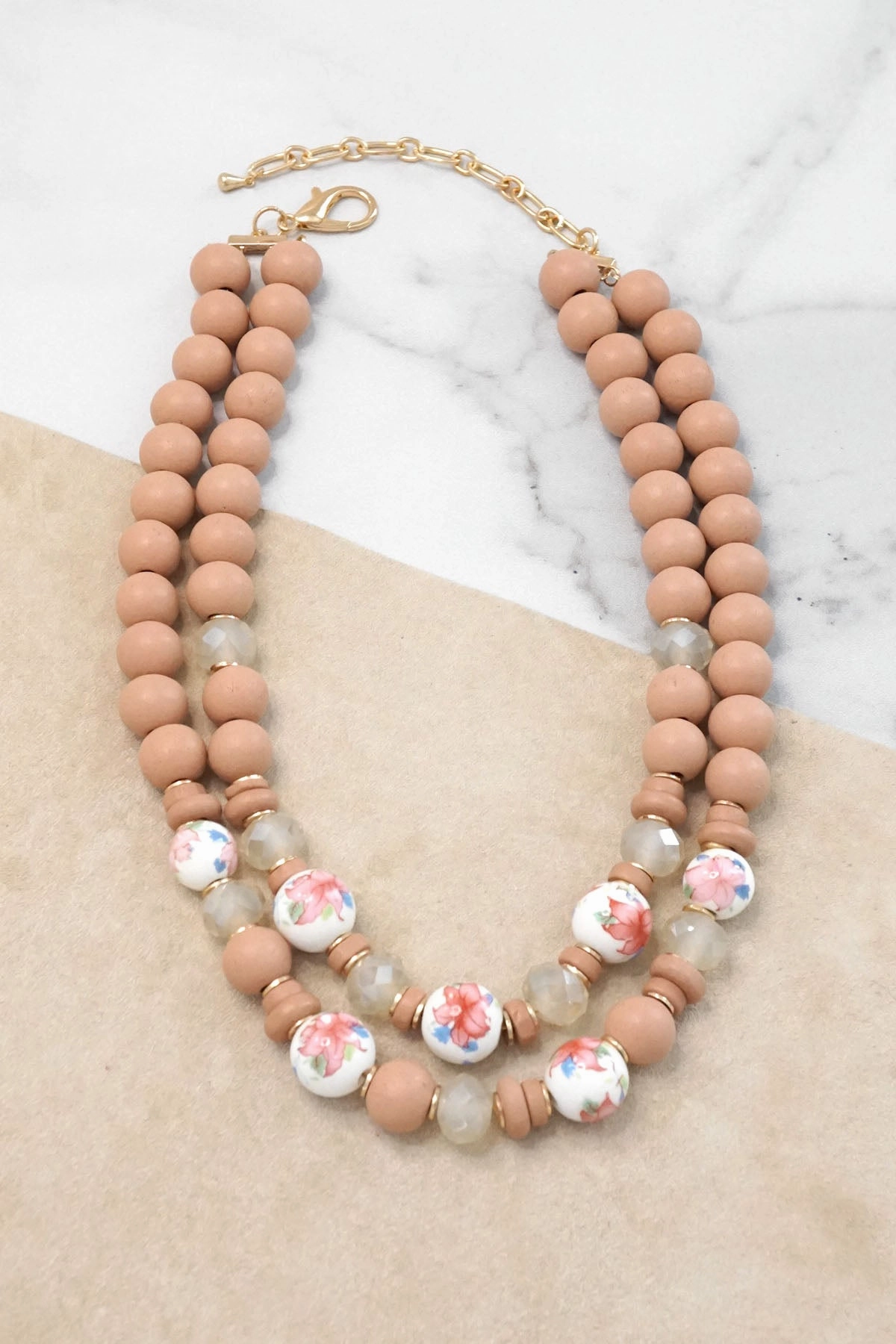 Couple Gift Autumn Gift Multi Strand Spring Wood and Chinoiserie Beads Short Necklace in Nude Peach Pink and Gold