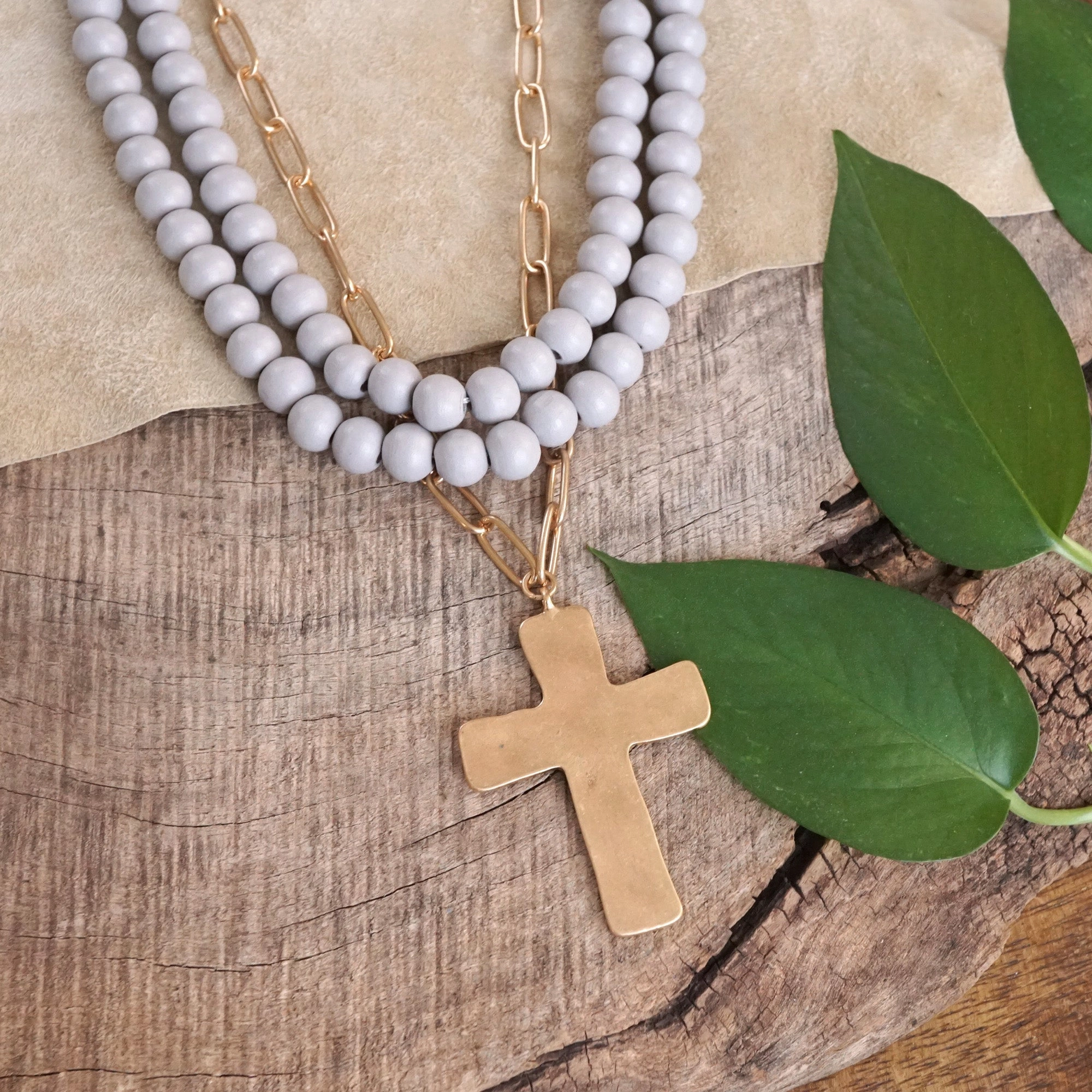 Multi Strand Wood Beads Short Statement Cross Necklace Grey Urban Day Modern Look