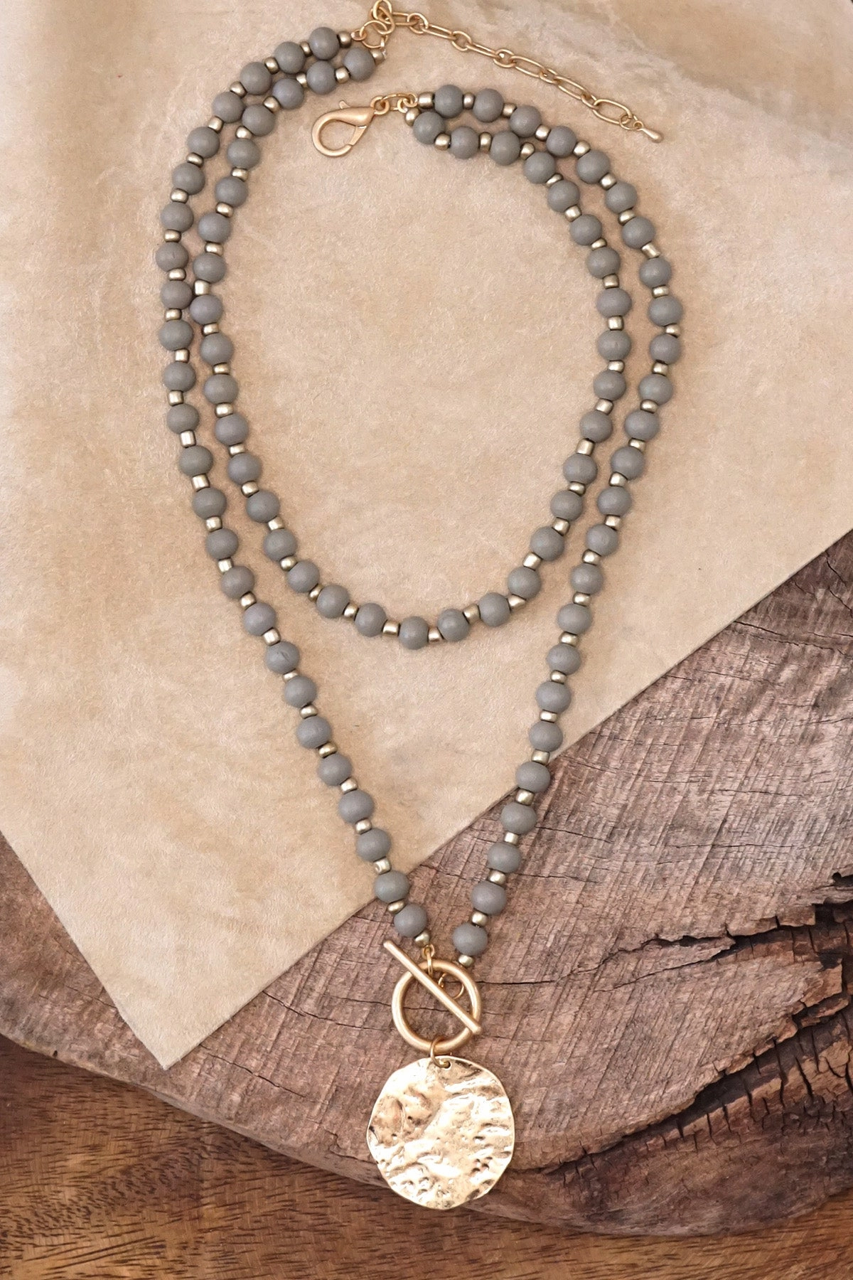 Multi Strand Wooden Beads Short Coin Necklace in Grey and Gold Outdoor Look