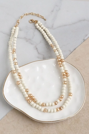 Famous Item Wonderful Piece Multi Strand Wooden Beads Short Statement Necklace in Cream and Gold