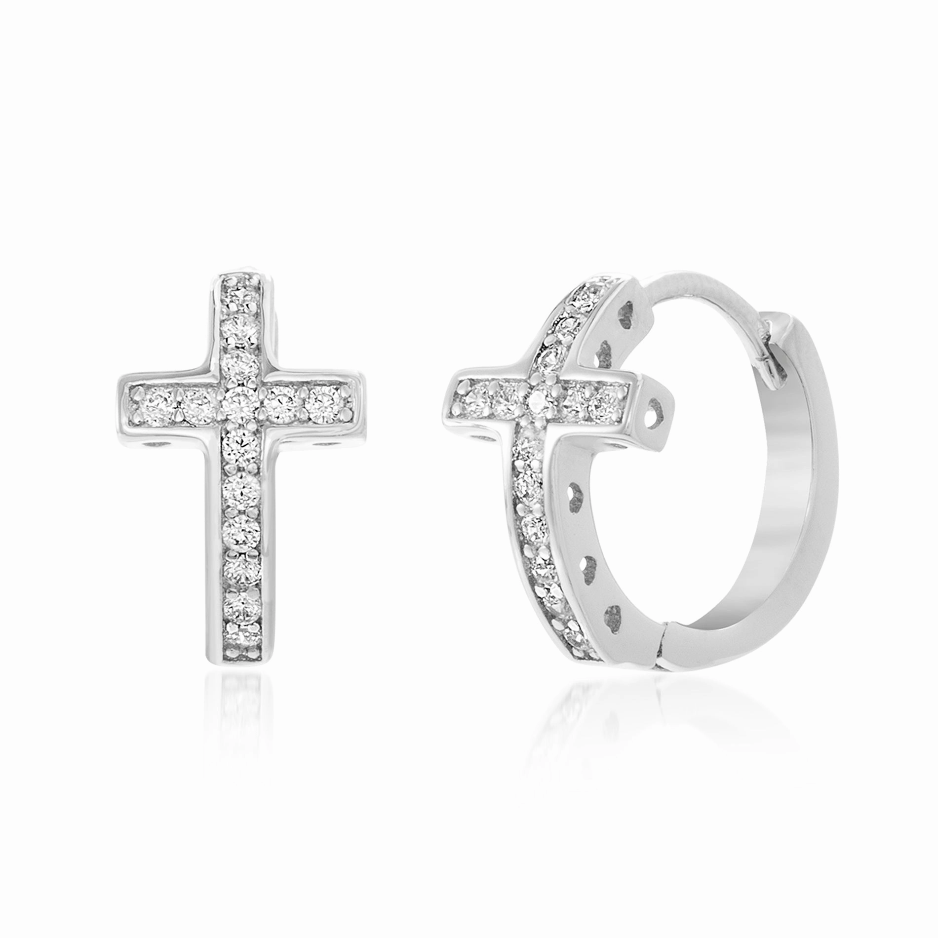 My Bible Rhodium Plated Sterling Silver Cubic Zirconia Cross Huggie Hoop Earrings Striking Item Glittering Piece
