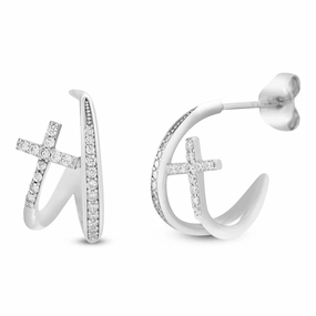 My Bible Rhodium Plated Sterling Silver Cubic Zirconia Cross Split Hoop Earrings Bohemian Decoration