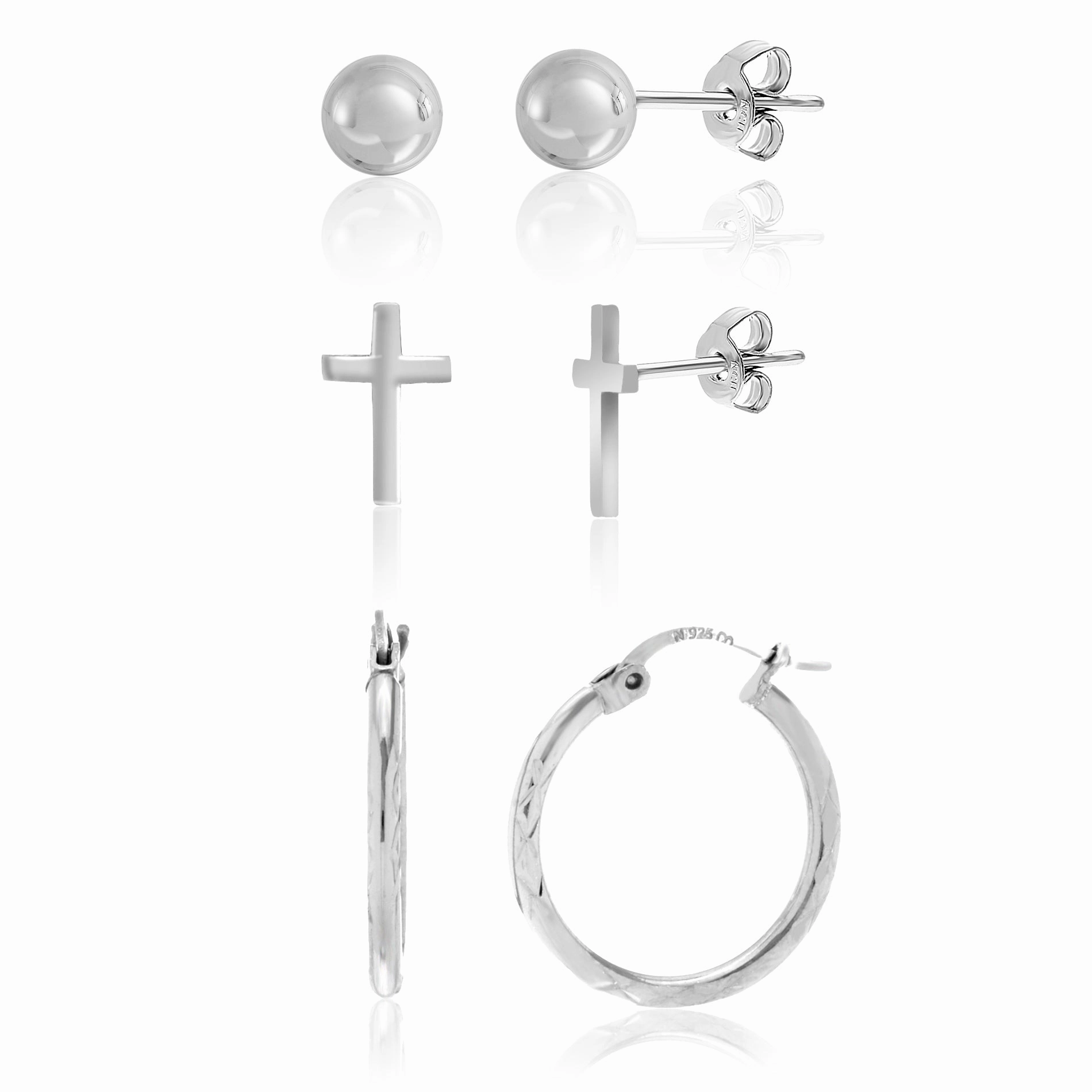 Statement Jewelry Modern Embellishment My Bible Sterling Silver Cross Ball Stud Hoop Earring Trio Set