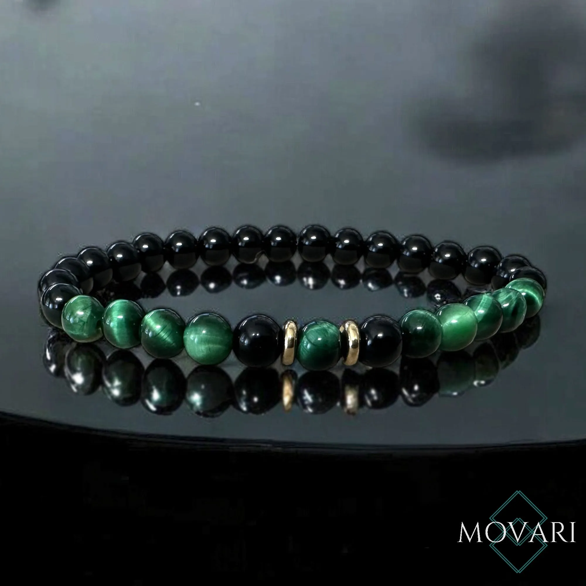 Mystic Green Tigers Eye Obsidian Brass Bead Stretch Bracelet 6mm