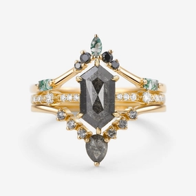 Long Hexagon Salt and Pepper Diamonds Curved Ring Set 3pcs Sculpted Accent