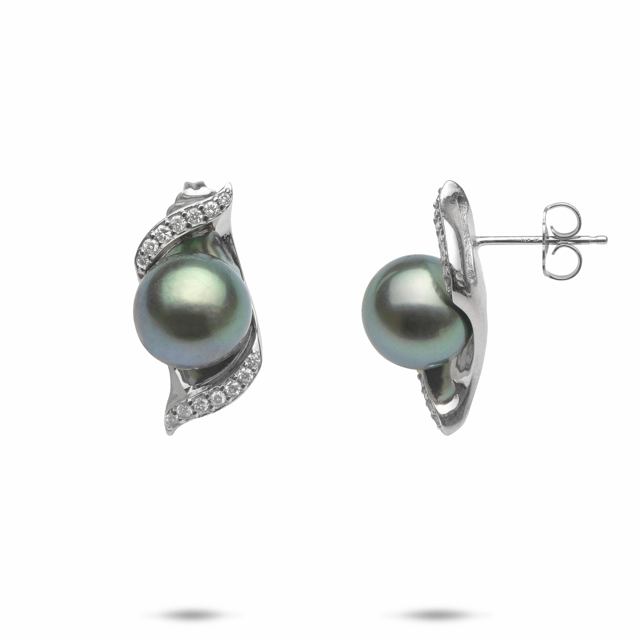 Nalu Tahitian Black Pearl Earrings in White Gold with Diamonds - 9-10mm Luxury Feel