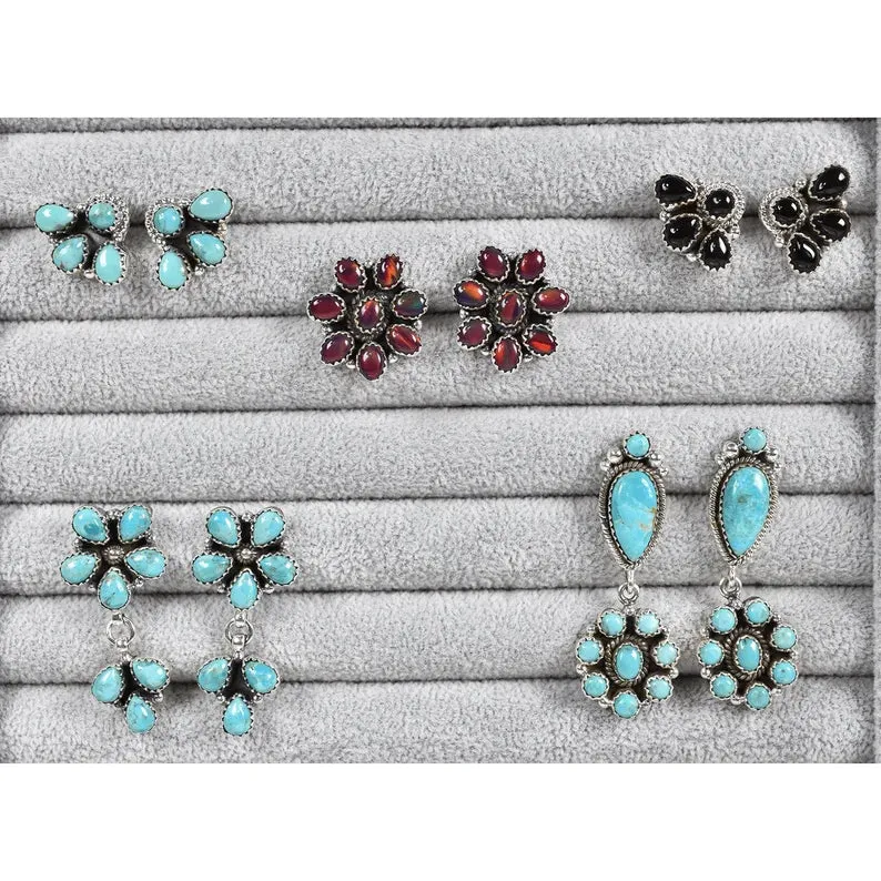 Native American Turquoise Cluster Earrings - 925 Sterling Silver Southwestern Earrings
