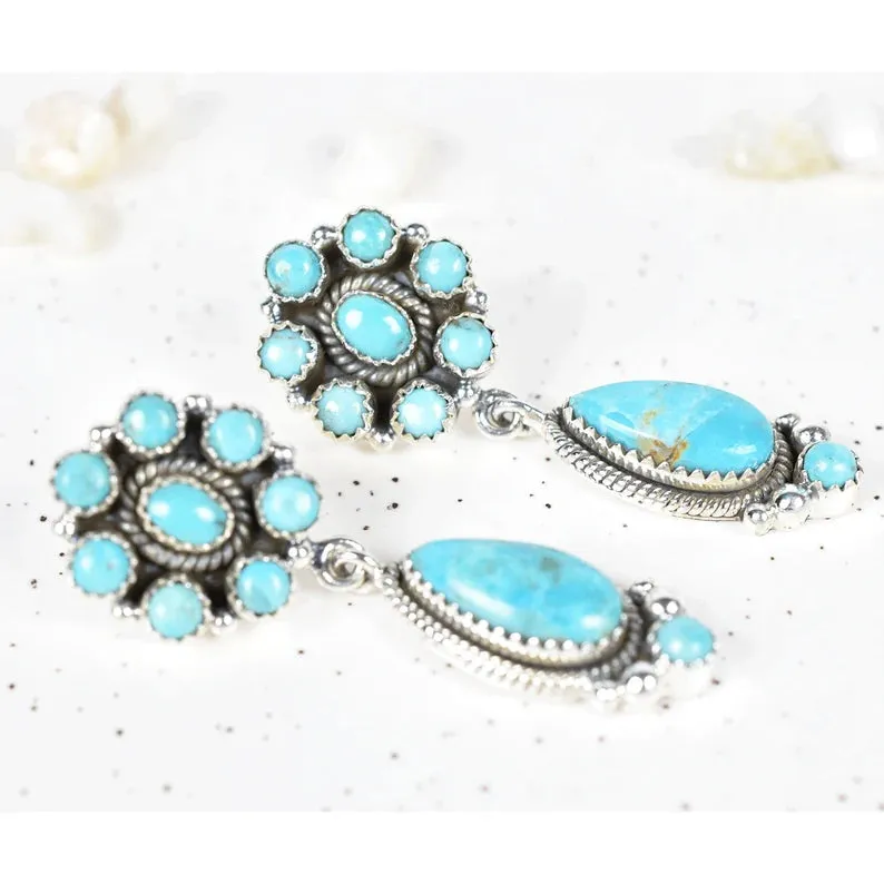 Native American Turquoise Cluster Earrings - 925 Sterling Silver Southwestern Earrings