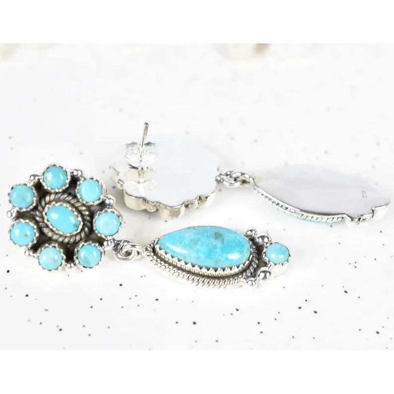 Native American Turquoise Cluster Earrings - 925 Sterling Silver Southwestern Earrings
