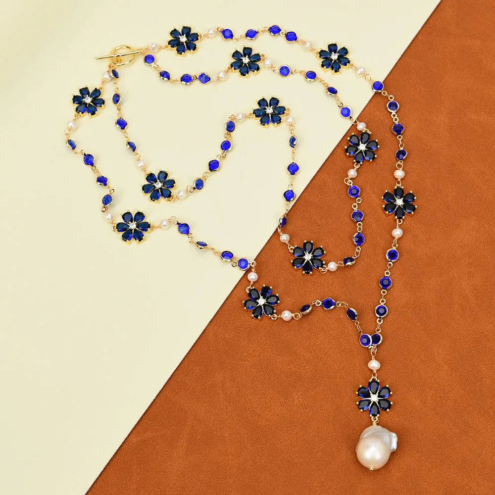 Natural  Baroque Pearl Pendant Crystel Flower Necklace