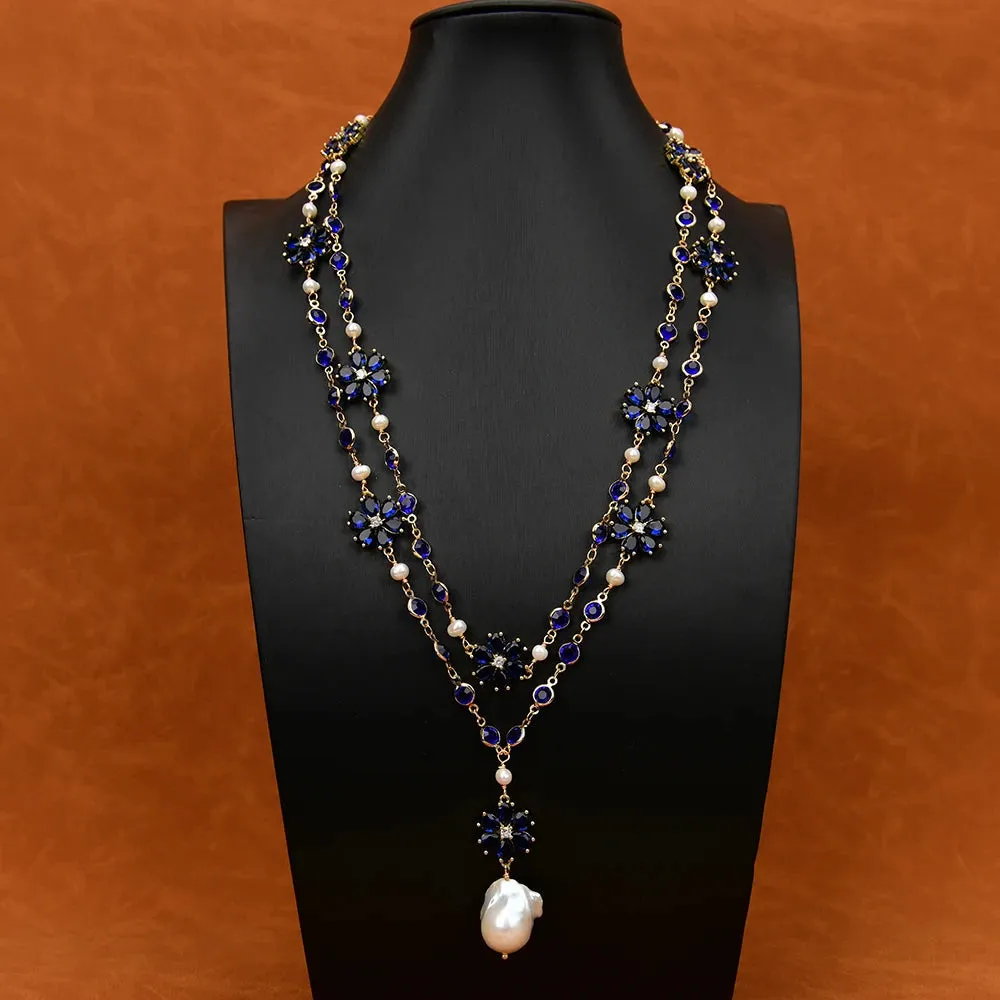 Natural  Baroque Pearl Pendant Crystel Flower Necklace