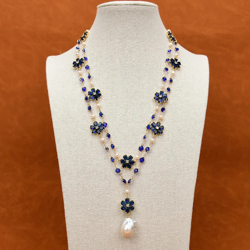 Natural  Baroque Pearl Pendant Crystel Flower Necklace
