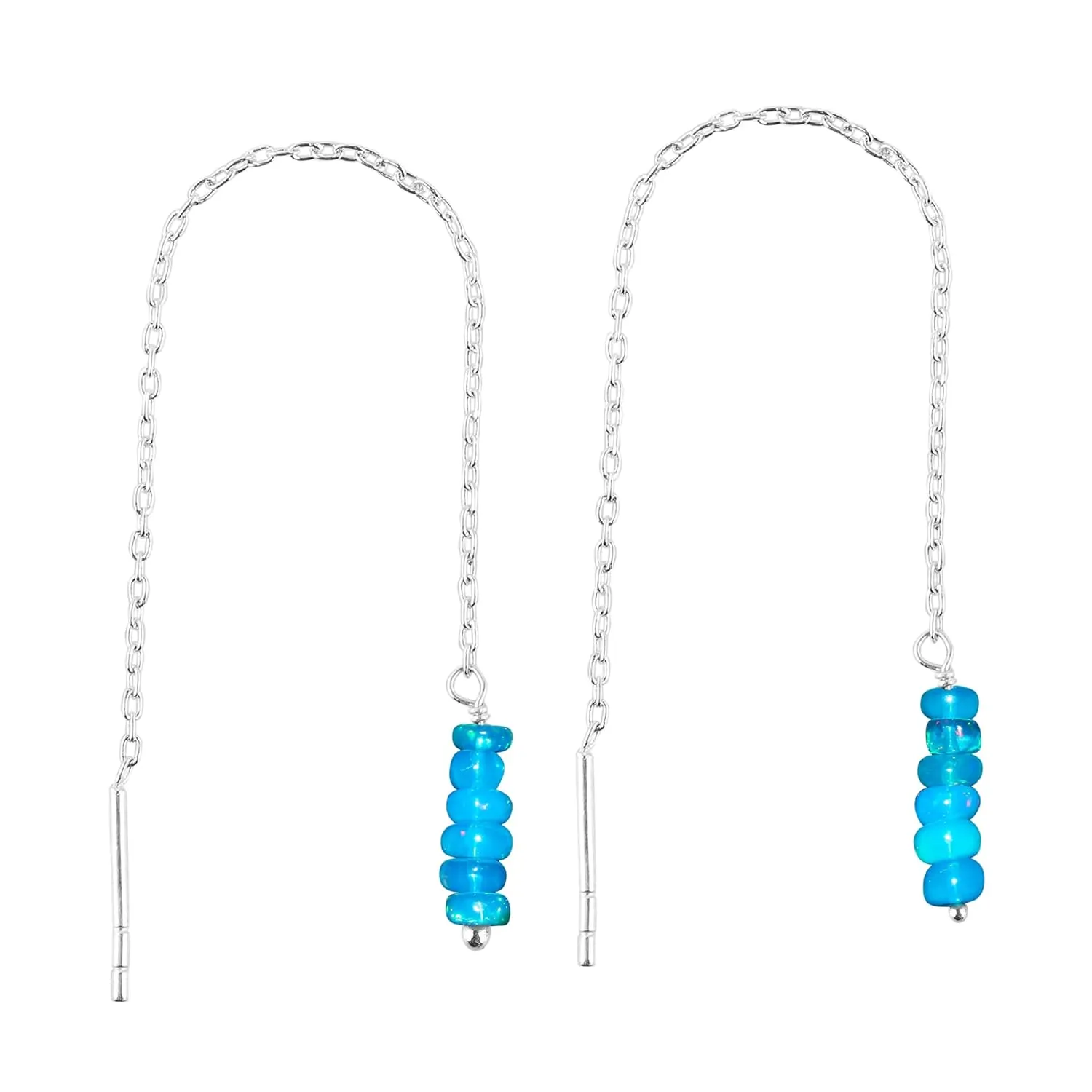 Natural Blue Opal Gemstone Dainty Threader Earrings, Minimalist Jewelry, Dangling Earrings, 925 Sterling Silver Rhodium, Birthstones, Earrings for Women & Girls