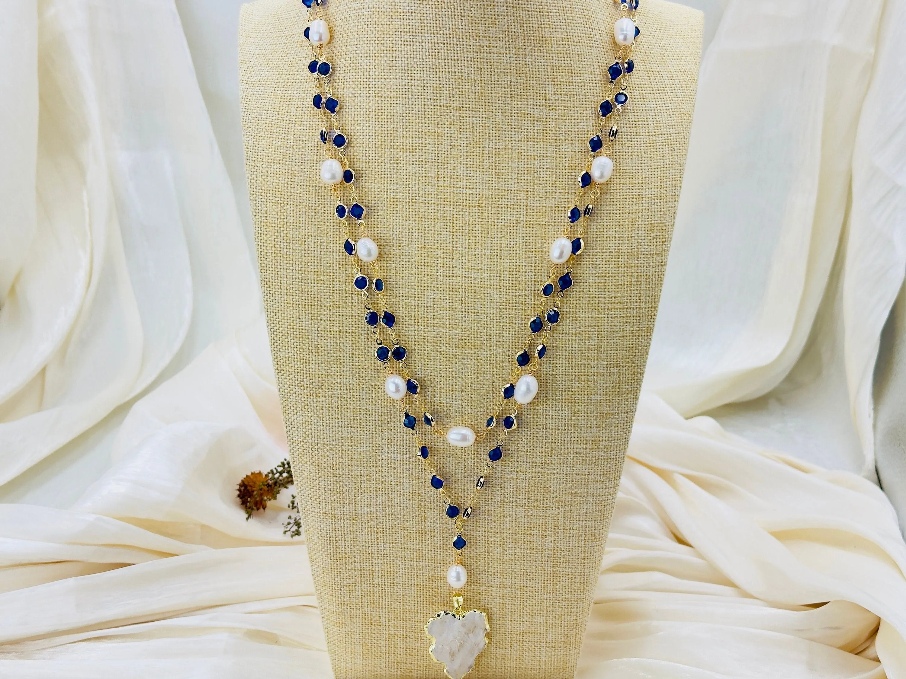 Natural Cultured White Rice Pearl, Blue Crystal Necklace