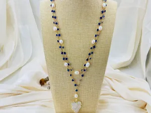 Natural Cultured White Rice Pearl, Blue Crystal Necklace