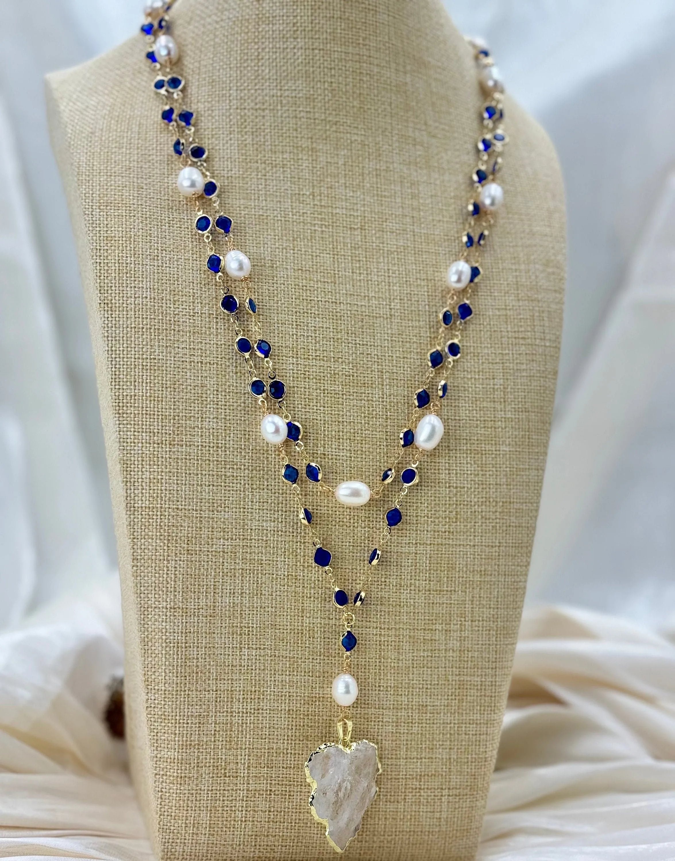 Natural Cultured White Rice Pearl, Blue Crystal Necklace