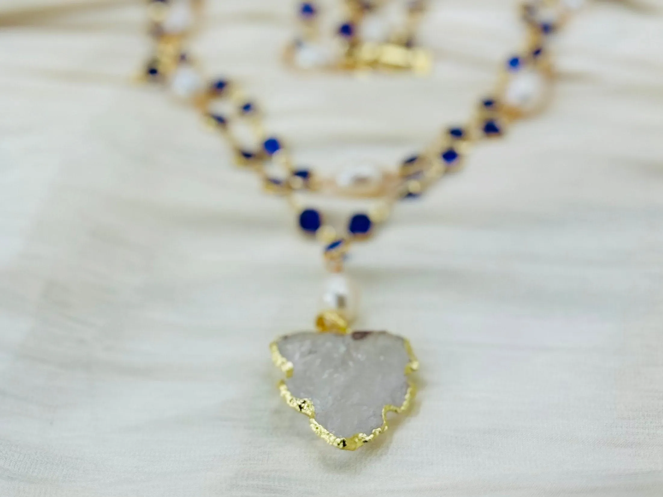 Natural Cultured White Rice Pearl, Blue Crystal Necklace