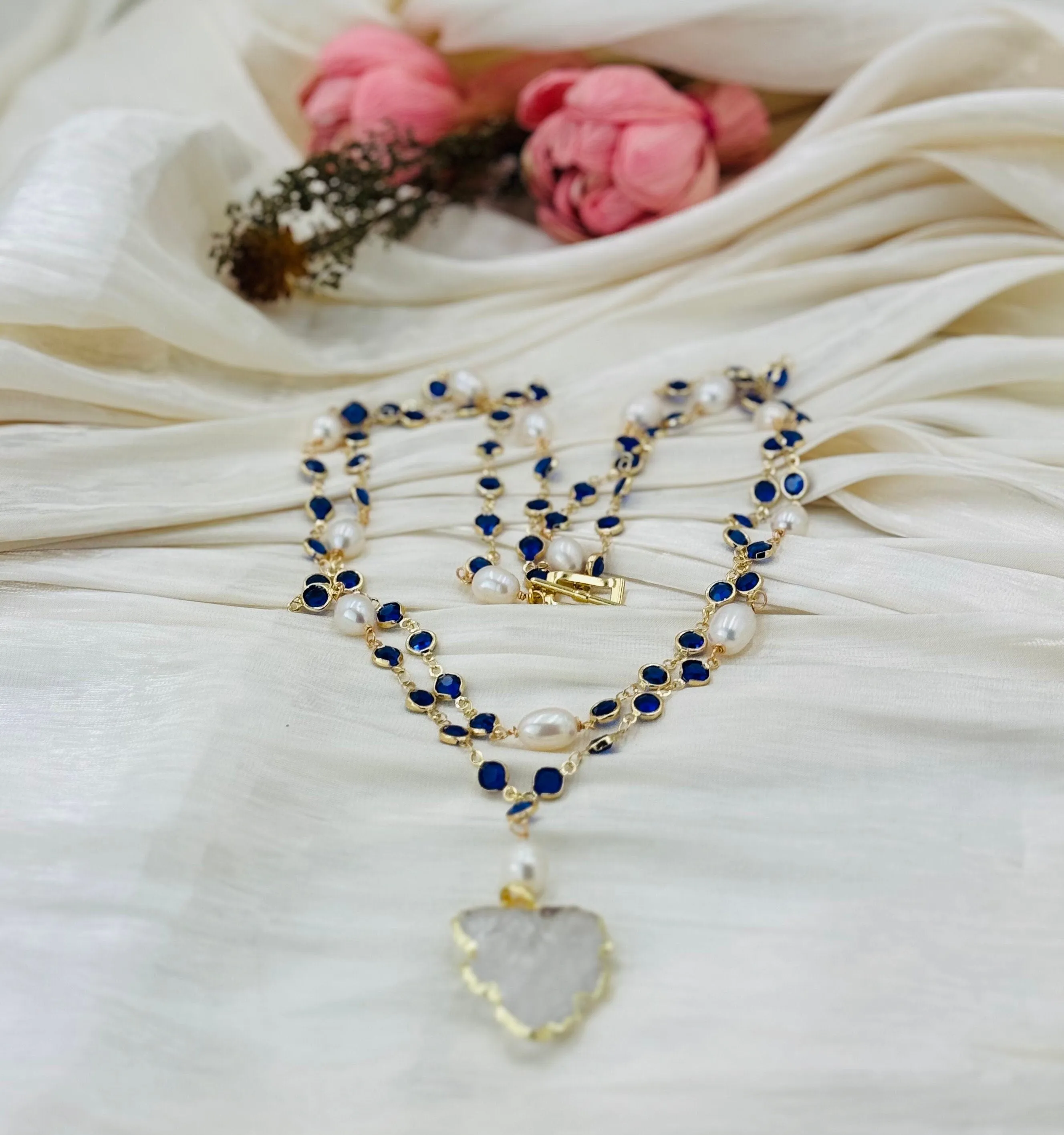 Natural Cultured White Rice Pearl, Blue Crystal Necklace