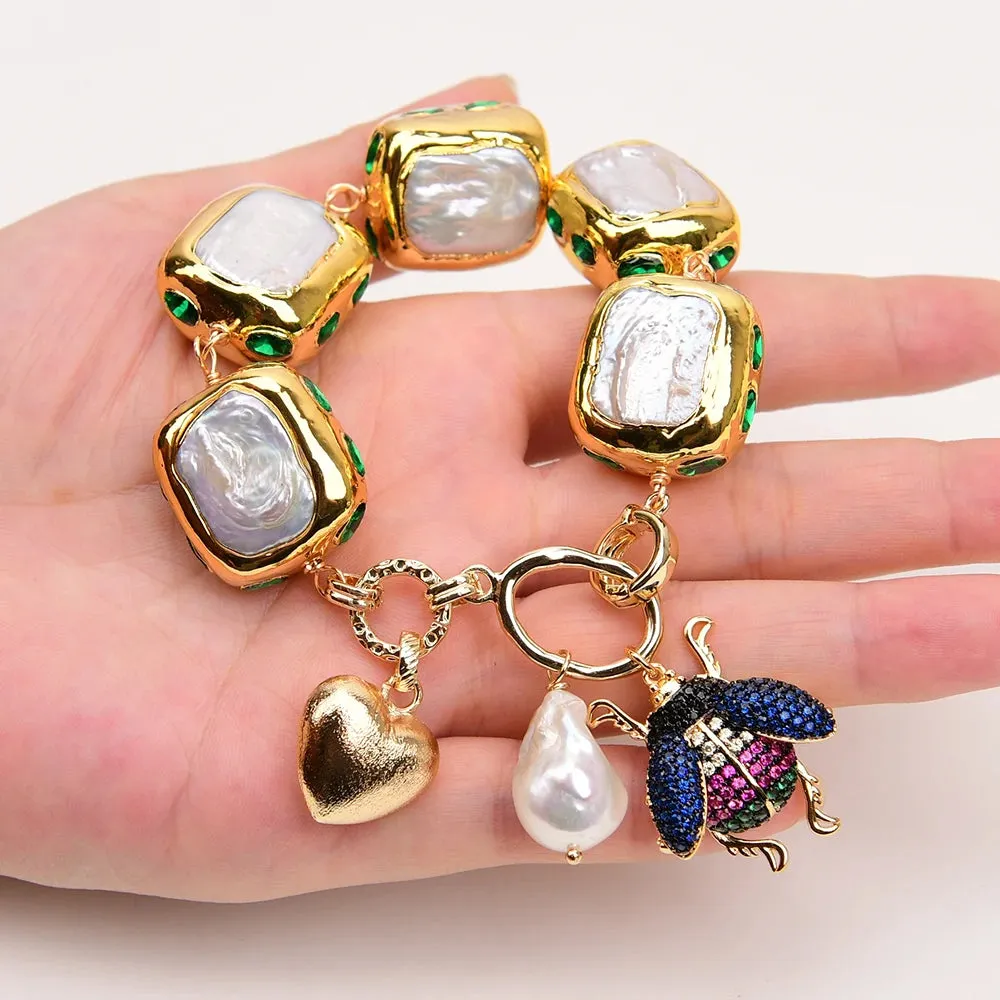 Natural Keshi Pearl Green Crystal Bracelet