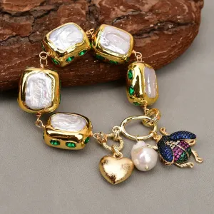 Natural Keshi Pearl Green Crystal Bracelet