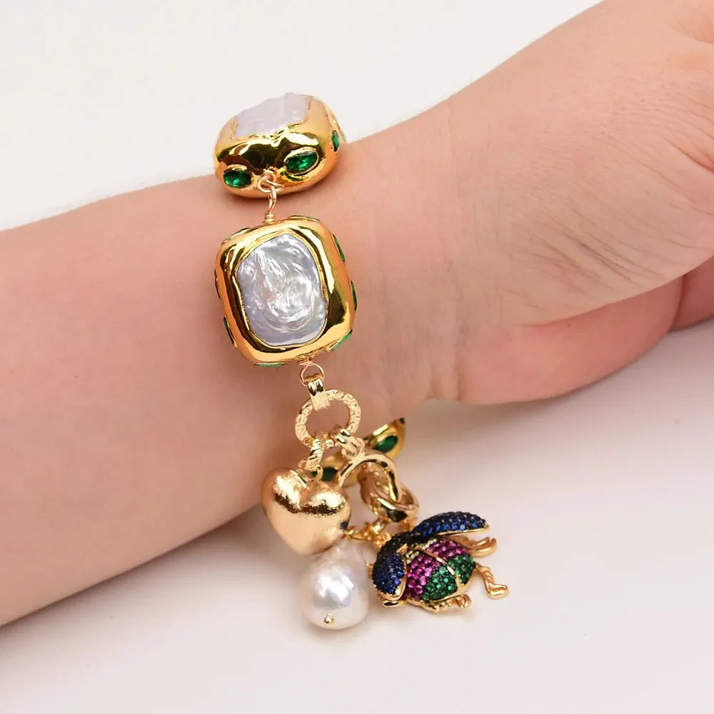 Natural Keshi Pearl Green Crystal Bracelet