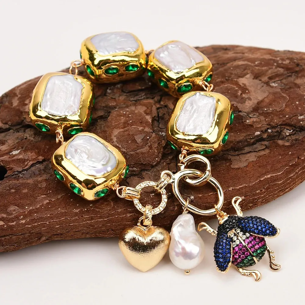 Natural Keshi Pearl Green Crystal Bracelet