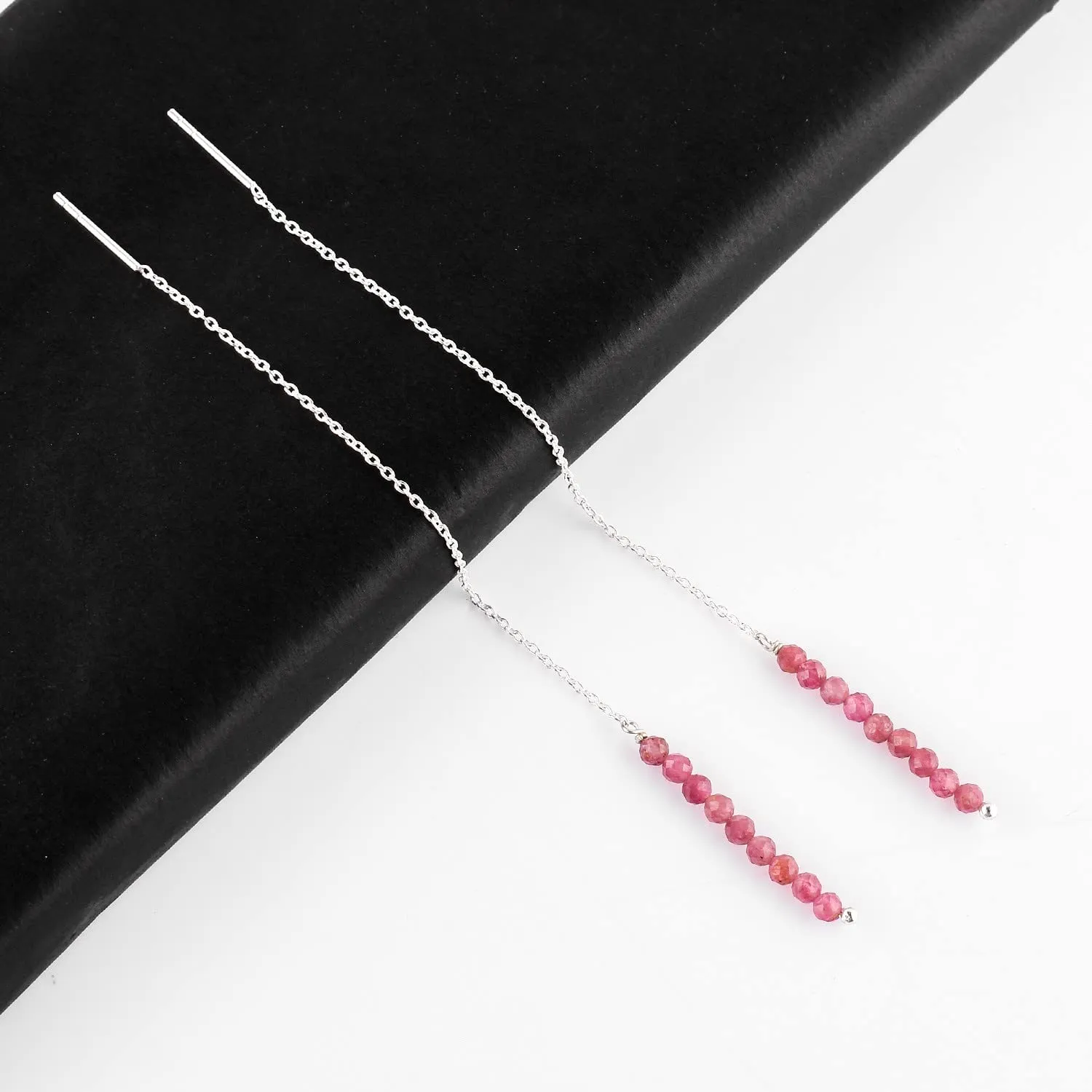 Natural Pink Tourmailne Stone Dainty Threader Earrings, Tourmaline Gemstones, Minimalist Jewelry, Dangling Earrings, Silver Plated, October Birthstones, Earrings for Women & Girls